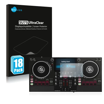 Parte frontal de un envase de producto con el logotipo de la marca Savvies. Al lado se muestra el dispositivo Numark Mixstream