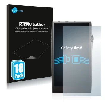 Parte frontal de un envase de producto con el logotipo de la marca Savvies. Al lado se muestra el dispositivo Astell&Kern SP30