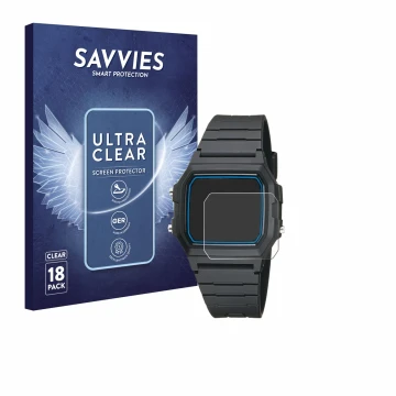 Parte frontal de un envase de producto con el logotipo de la marca Savvies. Al lado se muestra el dispositivo Casio F-105W-1AW