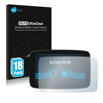 Parte frontal de un envase de producto con el logotipo de la marca Savvies. Al lado se muestra el dispositivo TomTom GO Exclus