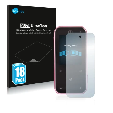 Parte frontal de un envase de producto con el logotipo de la marca Savvies. Al lado se muestra el dispositivo Vtech Kidizoom S