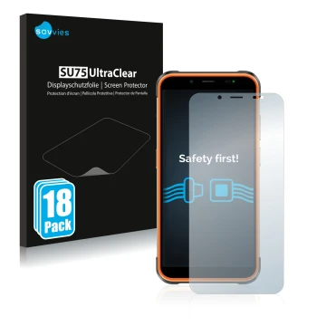 Parte frontal de un envase de producto con el logotipo de la marca Savvies. Al lado se muestra el dispositivo Ulefone Power Ar