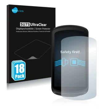 Parte frontal de un envase de producto con el logotipo de la marca Savvies. Al lado se muestra el dispositivo Garmin Edge 1040