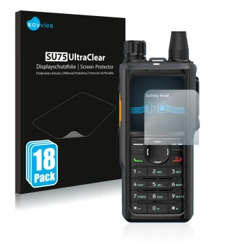 Parte frontal de un envase de producto con el logotipo de la marca Savvies. Al lado se muestra el dispositivo Hytera HP 685 co