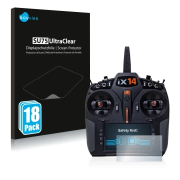 Parte frontal de un envase de producto con el logotipo de la marca Savvies. Al lado se muestra el dispositivo Spektrum iX14 co