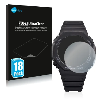 Parte frontal de un envase de producto con el logotipo de la marca Savvies. Al lado se muestra el dispositivo Casio G-Shock GA
