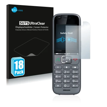 Parte frontal de un envase de producto con el logotipo de la marca Savvies. Al lado se muestra el dispositivo Gigaset S700H PR