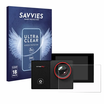Parte frontal de un envase de producto con el logotipo de la marca Savvies. Al lado se muestra el dispositivo Akaso EK7000 Pro