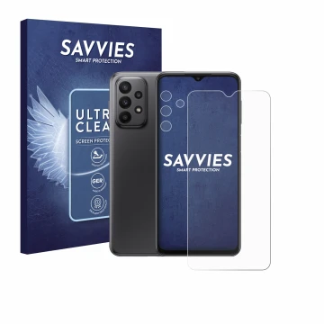 Parte frontal de un envase de producto con el logotipo de la marca Savvies. Al lado se muestra el dispositivo Samsung Galaxy A