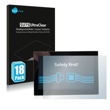 Parte frontal de un envase de producto con el logotipo de la marca Savvies. Al lado se muestra el dispositivo MG 4 7-Zoll Digi