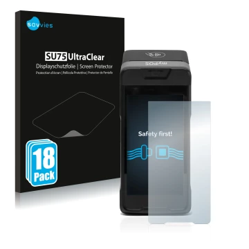 Parte frontal de un envase de producto con el logotipo de la marca Savvies. Al lado se muestra el dispositivo myPOS Carbon con