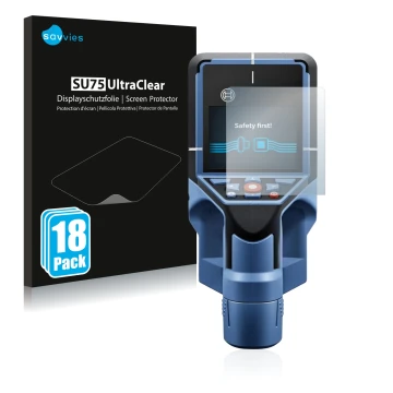 Parte frontal de un envase de producto con el logotipo de la marca Savvies. Al lado se muestra el dispositivo Bosch D-tect 200