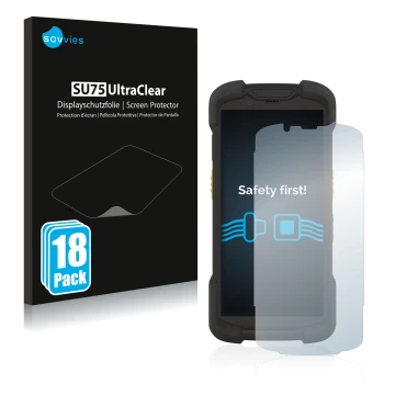 Parte frontal de un envase de producto con el logotipo de la marca Savvies. Al lado se muestra el dispositivo Zebra TC73 con s