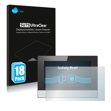 Parte frontal de un envase de producto con el logotipo de la marca Savvies. Al lado se muestra el dispositivo Hikvision DS-KH6