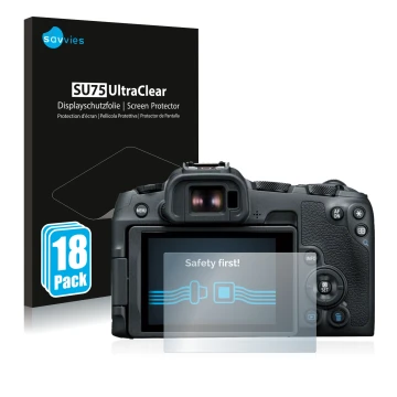 Parte frontal de un envase de producto con el logotipo de la marca Savvies. Al lado se muestra el dispositivo Canon EOS R8 con