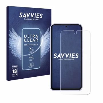 Parte frontal de un envase de producto con el logotipo de la marca Savvies. Al lado se muestra el dispositivo Samsung Galaxy A
