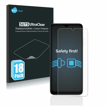 Parte frontal de un envase de producto con el logotipo de la marca Savvies. Al lado se muestra el dispositivo Nokia G22 con su