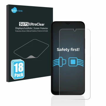 Parte frontal de un envase de producto con el logotipo de la marca Savvies. Al lado se muestra el dispositivo Nokia C32 con su