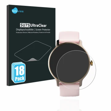 Parte frontal de un envase de producto con el logotipo de la marca Savvies. Al lado se muestra el dispositivo Hama Fit Watch 4