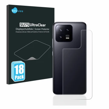 Parte frontal de un envase de producto con el logotipo de la marca Savvies. Al lado se muestra el dispositivo Xiaomi 13 (Trase