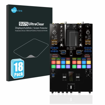 Parte frontal de un envase de producto con el logotipo de la marca Savvies. Al lado se muestra el dispositivo Pioneer DJM-S11 