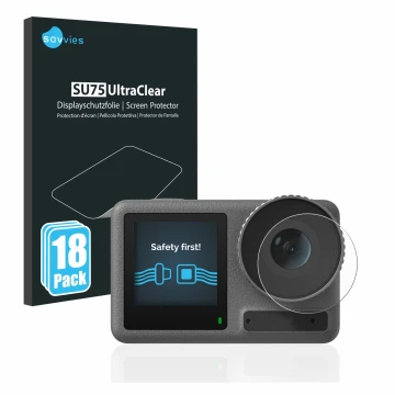 Parte frontal de un envase de producto con el logotipo de la marca Savvies. Al lado se muestra el dispositivo DJI Osmo Action 