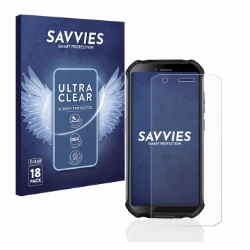 Parte frontal de un envase de producto con el logotipo de la marca Savvies. Al lado se muestra el dispositivo Doogee S41 con s