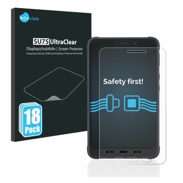 Parte frontal de un envase de producto con el logotipo de la marca Savvies. Al lado se muestra el dispositivo Samsung Galaxy T