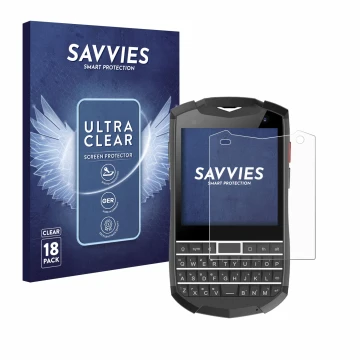 Parte frontal de un envase de producto con el logotipo de la marca Savvies. Al lado se muestra el dispositivo Unihertz Titan P