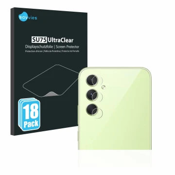 Parte frontal de un envase de producto con el logotipo de la marca Savvies. Al lado se muestra el dispositivo Samsung Galaxy A