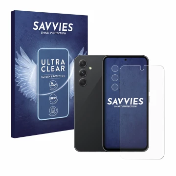 Parte frontal de un envase de producto con el logotipo de la marca Savvies. Al lado se muestra el dispositivo Samsung Galaxy A