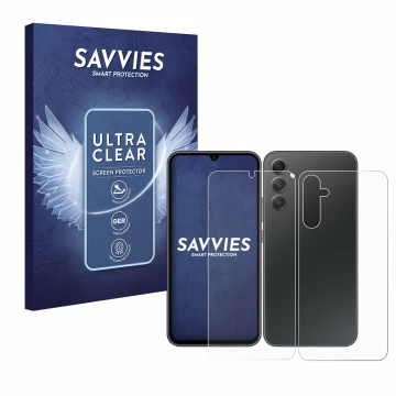Parte frontal de un envase de producto con el logotipo de la marca Savvies. Al lado se muestra el dispositivo Samsung Galaxy A