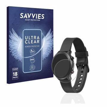 Parte frontal de un envase de producto con el logotipo de la marca Savvies. Al lado se muestra el dispositivo Doro Watch con s