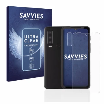 Parte frontal de un envase de producto con el logotipo de la marca Savvies. Al lado se muestra el dispositivo Caterpillar Cat 