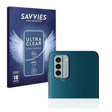 Parte frontal de un envase de producto con el logotipo de la marca Savvies. Al lado se muestra el dispositivo Nokia G22 (SÓLO 