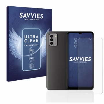 Parte frontal de un envase de producto con el logotipo de la marca Savvies. Al lado se muestra el dispositivo Nokia G22 (Front