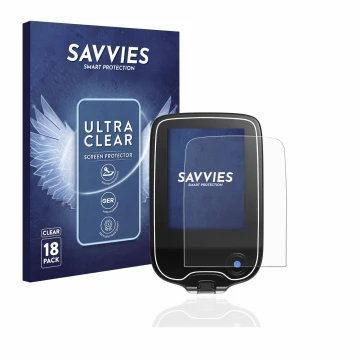 Parte frontal de un envase de producto con el logotipo de la marca Savvies. Al lado se muestra el dispositivo Freestyle Libre 