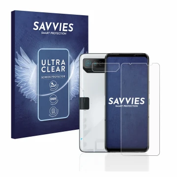 Parte frontal de un envase de producto con el logotipo de la marca Savvies. Al lado se muestra el dispositivo ASUS ROG Phone 7