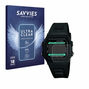 Parte frontal de un envase de producto con el logotipo de la marca Savvies. Al lado se muestra el dispositivo Casio W-86-1VQES