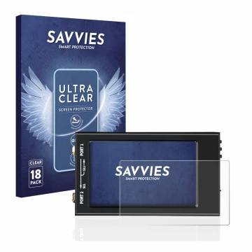 Parte frontal de un envase de producto con el logotipo de la marca Savvies. Al lado se muestra el dispositivo SDRGEEK NanoVNA-
