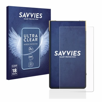 Parte frontal de un envase de producto con el logotipo de la marca Savvies. Al lado se muestra el dispositivo Sony Walkman NW-