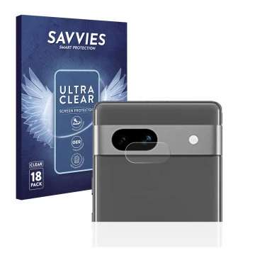 Parte frontal de un envase de producto con el logotipo de la marca Savvies. Al lado se muestra el dispositivo Google Pixel 7a 