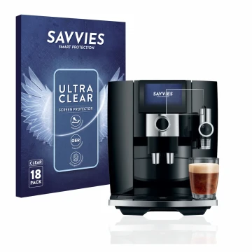 Parte frontal de un envase de producto con el logotipo de la marca Savvies. Al lado se muestra el dispositivo Jura J8 con su p