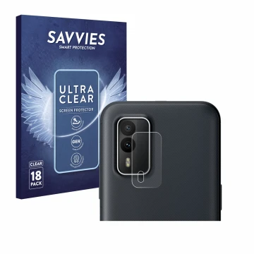 Parte frontal de un envase de producto con el logotipo de la marca Savvies. Al lado se muestra el dispositivo Nokia XR21 (SÓLO