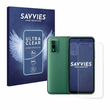 Parte frontal de un envase de producto con el logotipo de la marca Savvies. Al lado se muestra el dispositivo Nokia XR21 (Fron