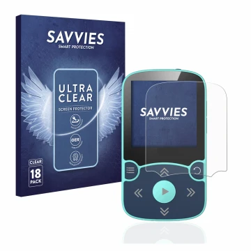 Parte frontal de un envase de producto con el logotipo de la marca Savvies. Al lado se muestra el dispositivo AGPtek A65X MP3 