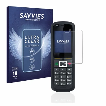 Parte frontal de un envase de producto con el logotipo de la marca Savvies. Al lado se muestra el dispositivo Gigaset R700H Pr
