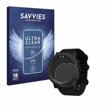 Parte frontal de un envase de producto con el logotipo de la marca Savvies. Al lado se muestra el dispositivo Suunto Core Alph
