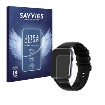 Parte frontal de un envase de producto con el logotipo de la marca Savvies. Al lado se muestra el dispositivo Mutoy Smartwatch