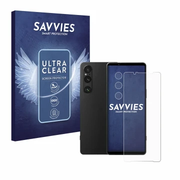 Parte frontal de un envase de producto con el logotipo de la marca Savvies. Al lado se muestra el dispositivo Sony Xperia 1 V 